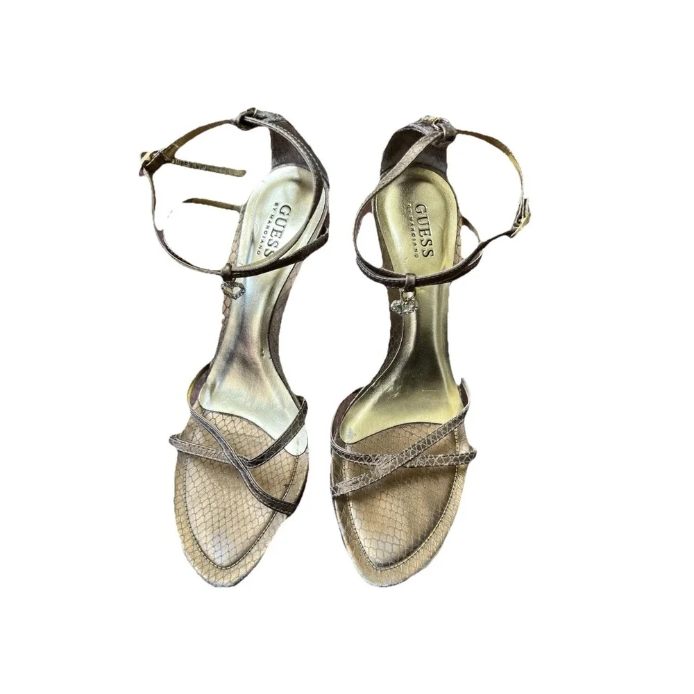 Vintage GUESS WOMEN SIZE 7.5 GOLD OPEN TOE W/HEARTS STILETTO HEELS